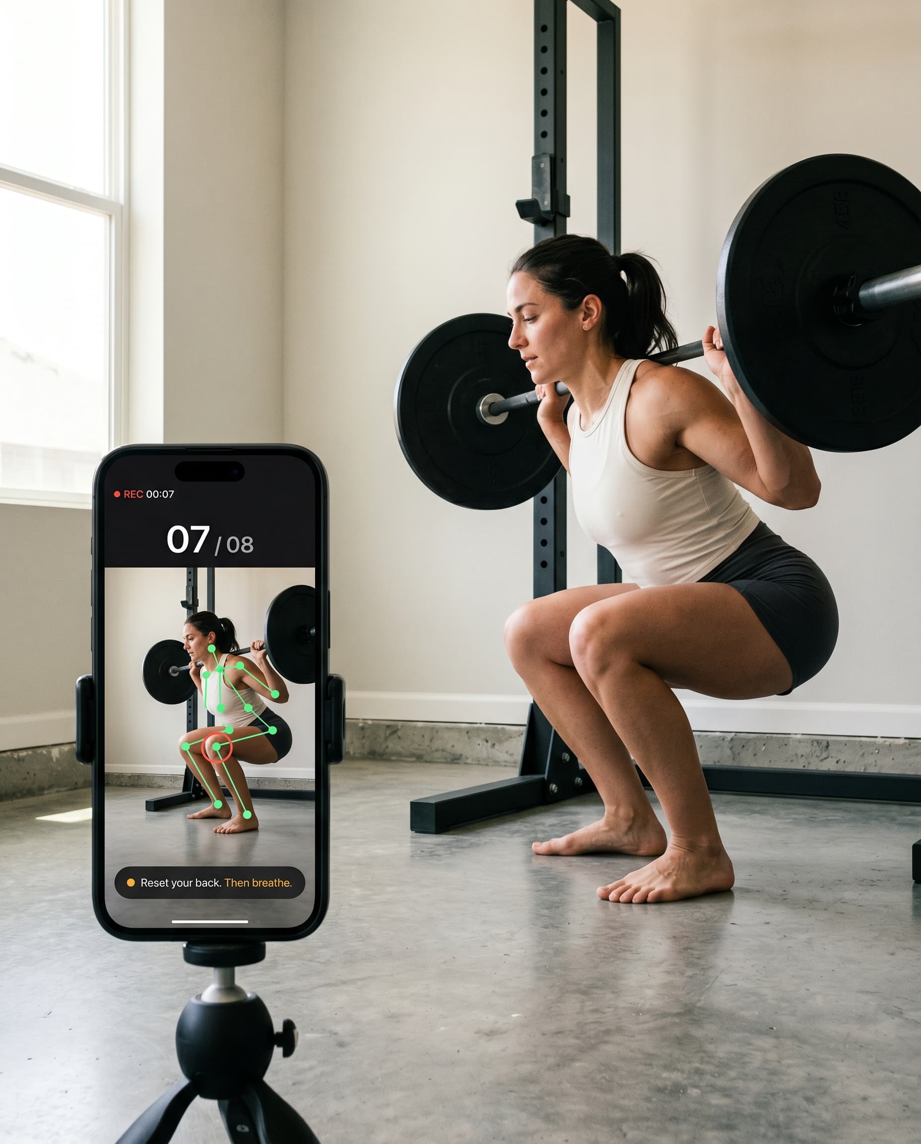 Athlete mid-squat being analysed live by Spotter on a tripod-mounted iPhone.